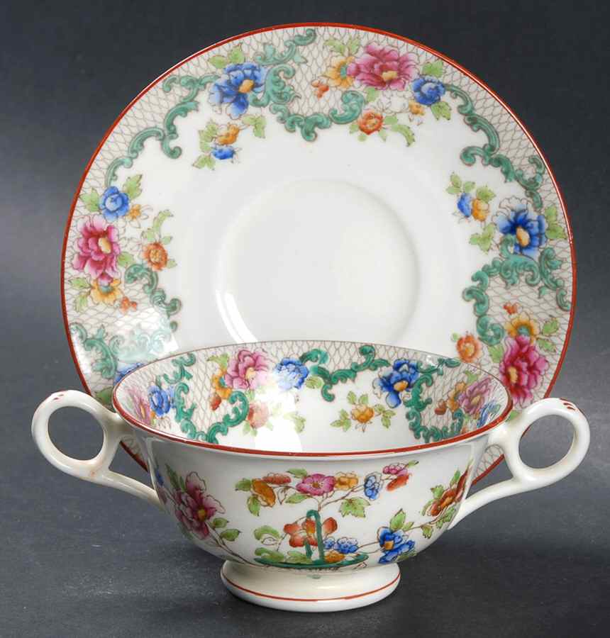 Floradora (Red Trim, Smooth) Footed Bouillon Cup & Saucer by Royal Cauldon-1