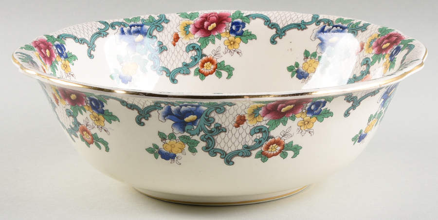 Floradora (Gold Trim, Scalloped) 10" Round Vegetable Bowl by Royal Cauldon-1