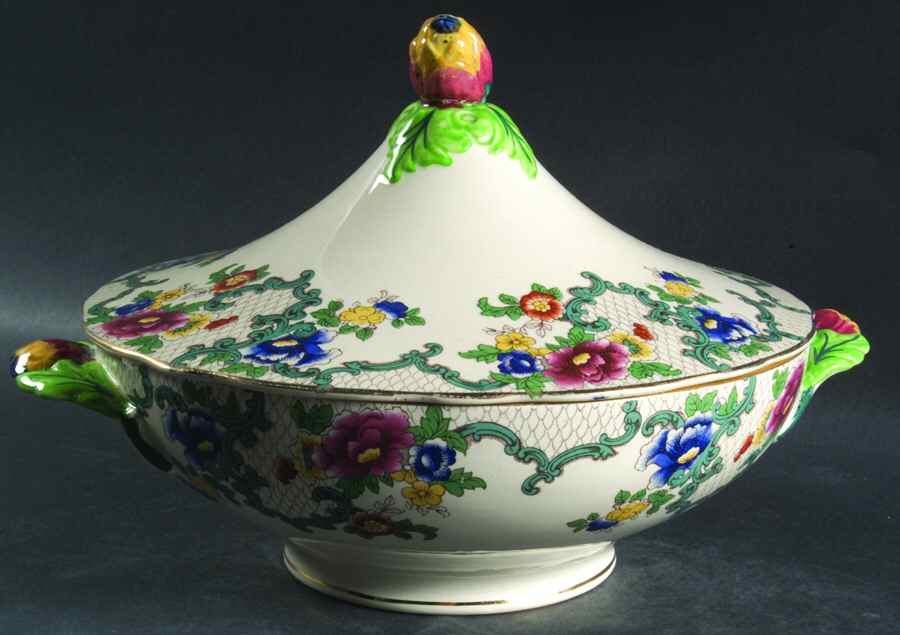 Floradora (Gold Trim, Scalloped) Round Covered Vegetable by Royal Cauldon-1