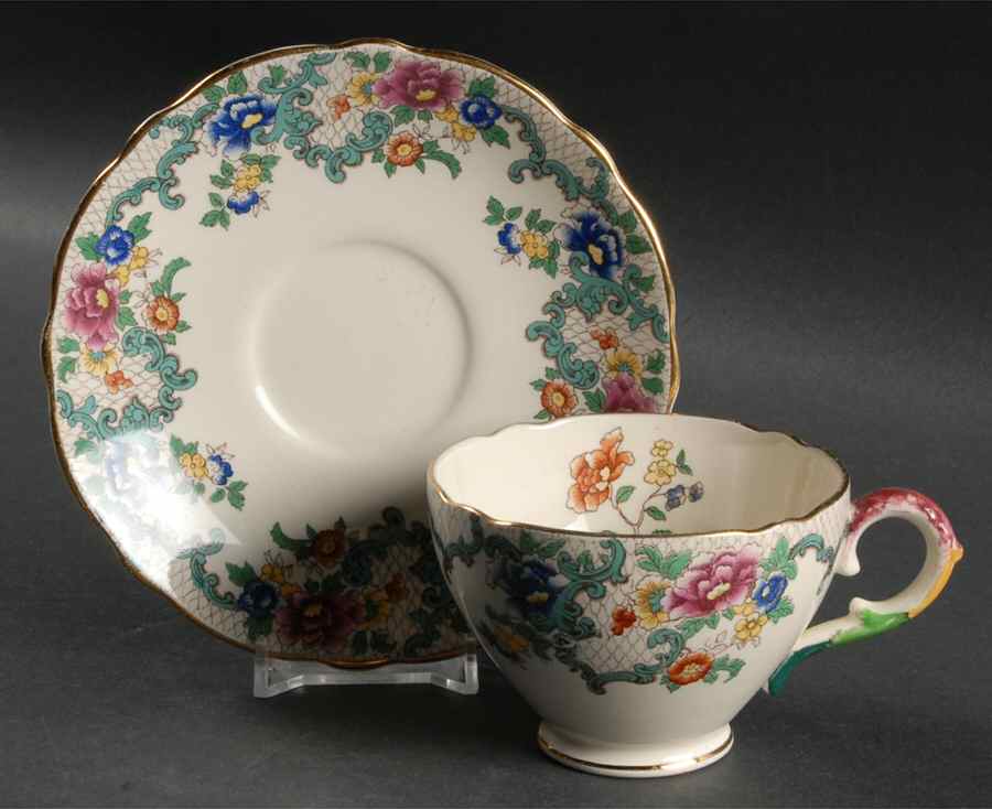 Floradora (Gold Trim, Scalloped) Footed Cup & Saucer Set by Royal Cauldon-1