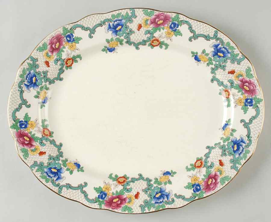 Floradora (Gold Trim, Scalloped) 13" Oval Serving Platter by Royal Cauldon-1