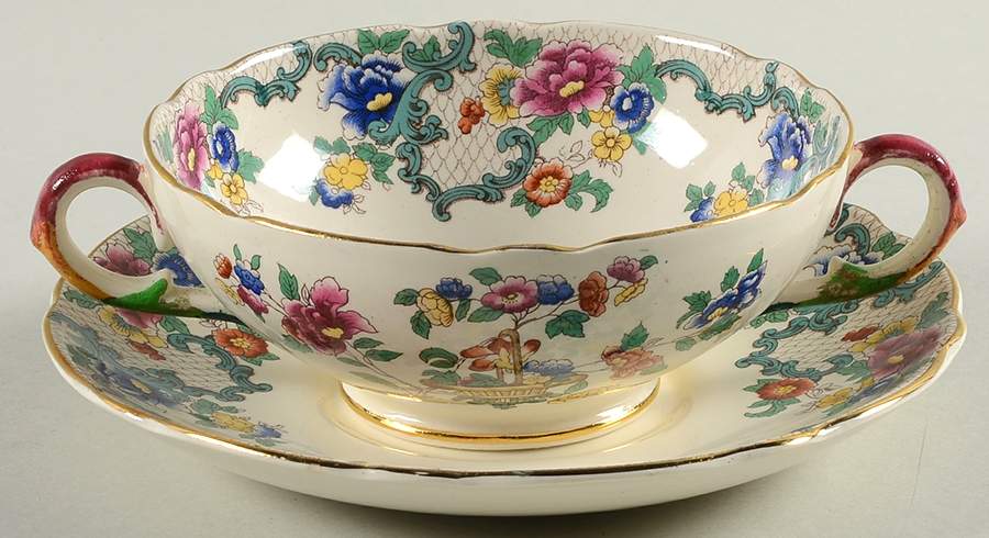 Floradora (Gold Trim, Scalloped) Footed Cream Soup Bowl & Saucer Set by Royal Cauldon-1