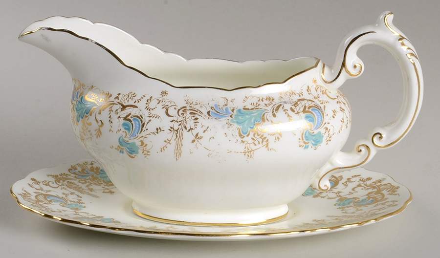 Gainsborough (White with Blue & Gold) Gravy Boat & Underplate by Royal Cauldon-1