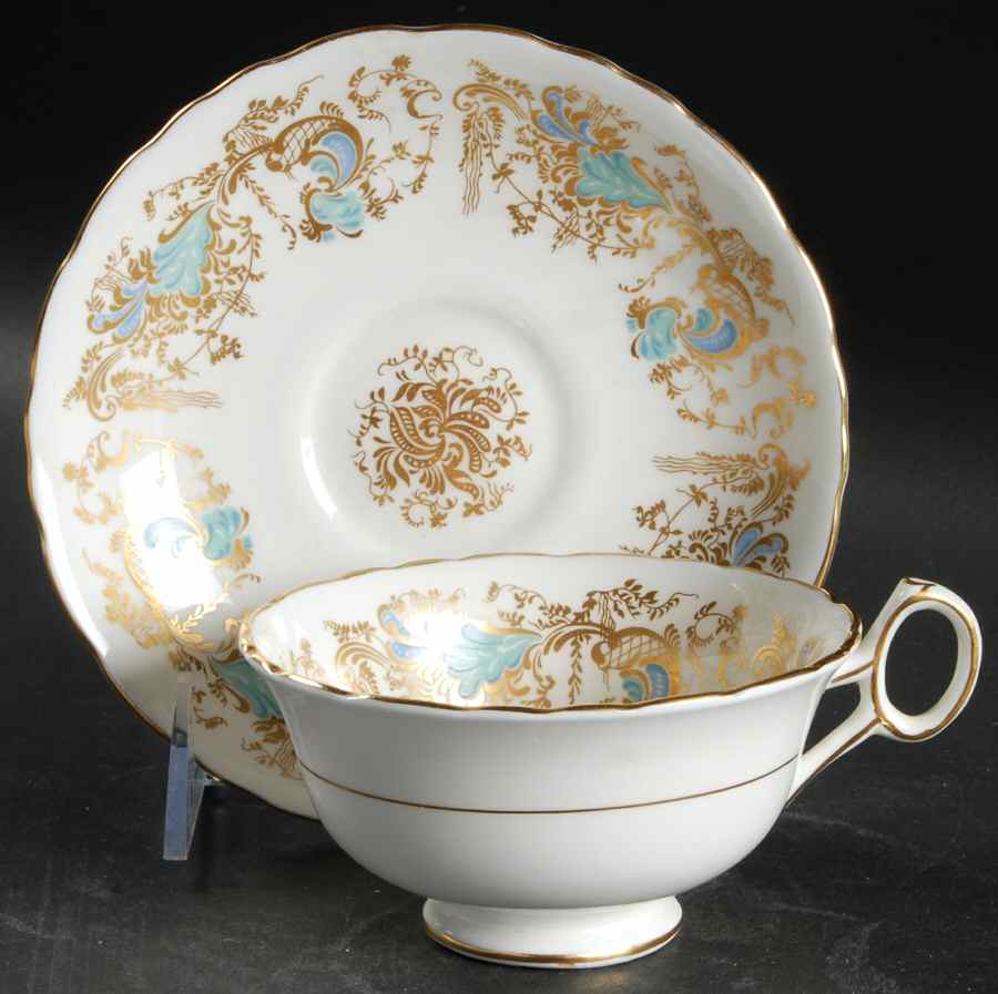 Gainsborough (White with Blue & Gold) Footed Cup & Saucer Set by Royal Cauldon-1