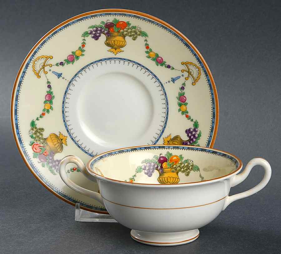 Malvern (Cream Rim, Urns) Footed Bouillon Cup & Saucer by Royal Cauldon-1