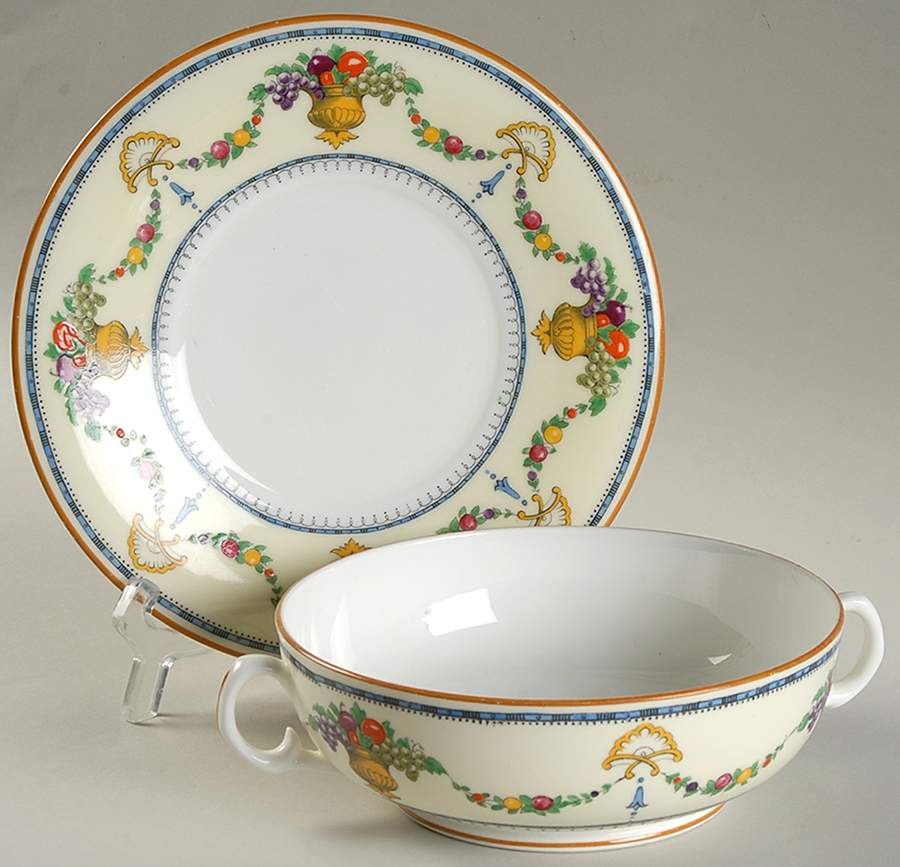 Malvern (Cream Rim, Urns) Footed Cream Soup Bowl & Saucer Set by Royal Cauldon-1