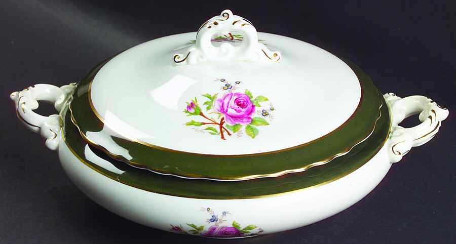 Miniver Rose Dark Green Round Covered Vegetable by Royal Cauldon-1