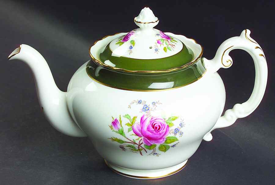 Miniver Rose Dark Green Teapot & Lid by Royal Cauldon-1