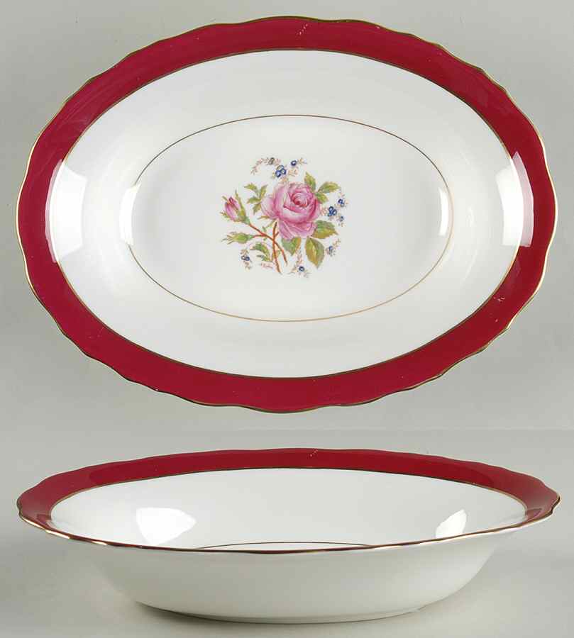 Miniver Rose Burgundy 10" Oval Vegetable Bowl by Royal Cauldon-1