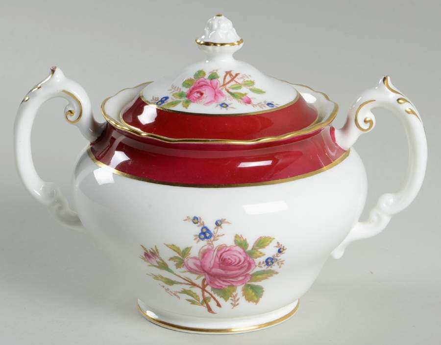 Miniver Rose Burgundy Sugar Bowl & Lid by Royal Cauldon-1