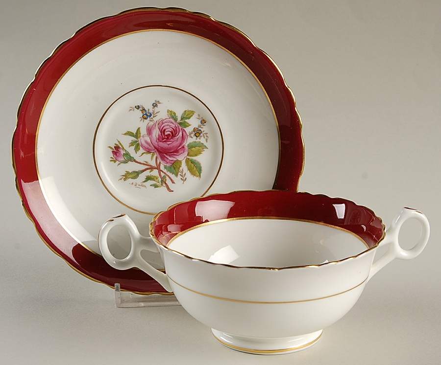 Miniver Rose Burgundy Footed Cream Soup Bowl & Saucer Set by Royal Cauldon-1
