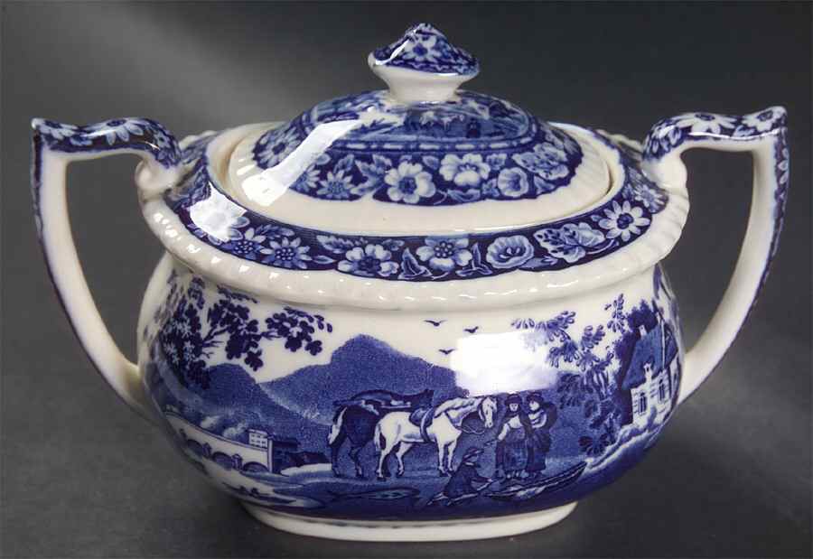 Native Blue Sugar Bowl & Lid by Royal Cauldon-1