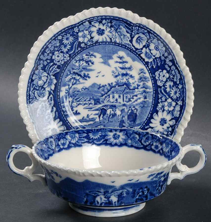 Native Blue Footed Cream Soup Bowl & Saucer Set by Royal Cauldon-1