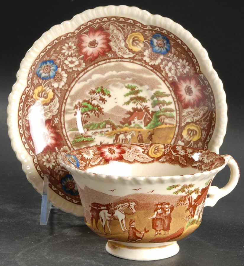 Native Brown Multicolor (Multicolor Border) Footed Cup & Saucer Set by Royal Cauldon-1