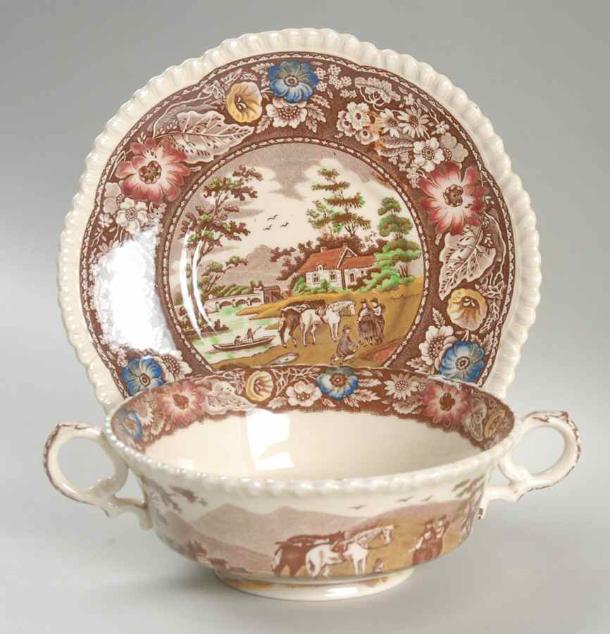 Native Brown Multicolor (Multicolor Border) Footed Cream Soup Bowl & Saucer Set by Royal Cauldon-1
