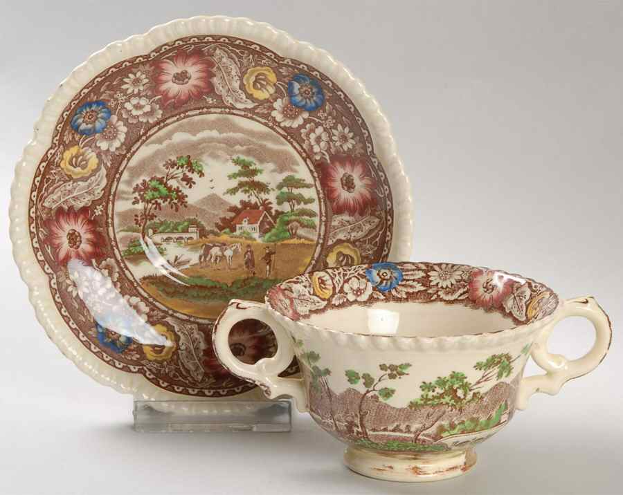 Native Brown Multicolor (Multicolor Border) Footed Bouillon Cup & Saucer by Royal Cauldon-1