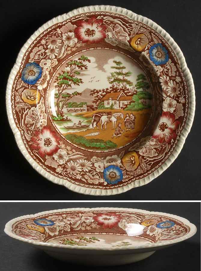 Native Brown Multicolor (Multicolor Border) Rim Soup Bowl by Royal Cauldon-1