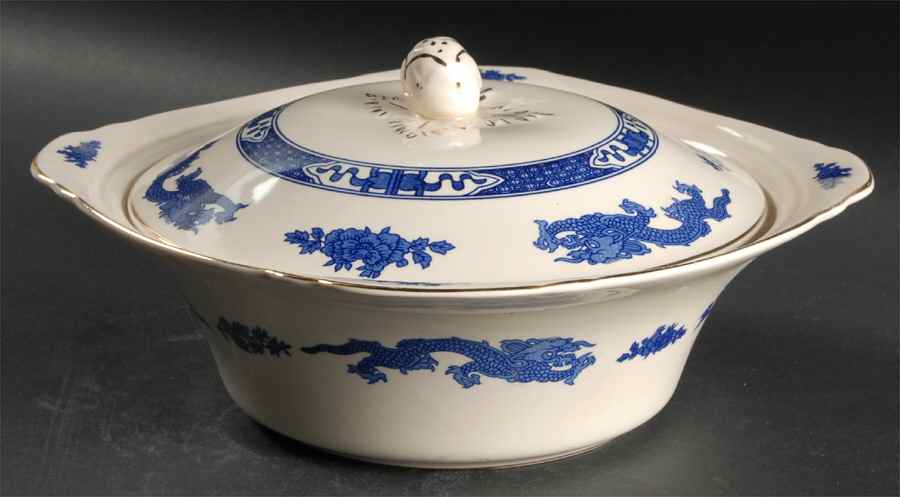 Dragon (Gold Trim) Round Covered Vegetable by Royal Cauldon-1