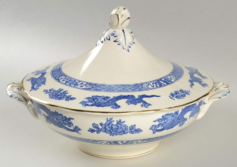 Dragon (Gold Trim) Round Covered Vegetable by Royal Cauldon-1