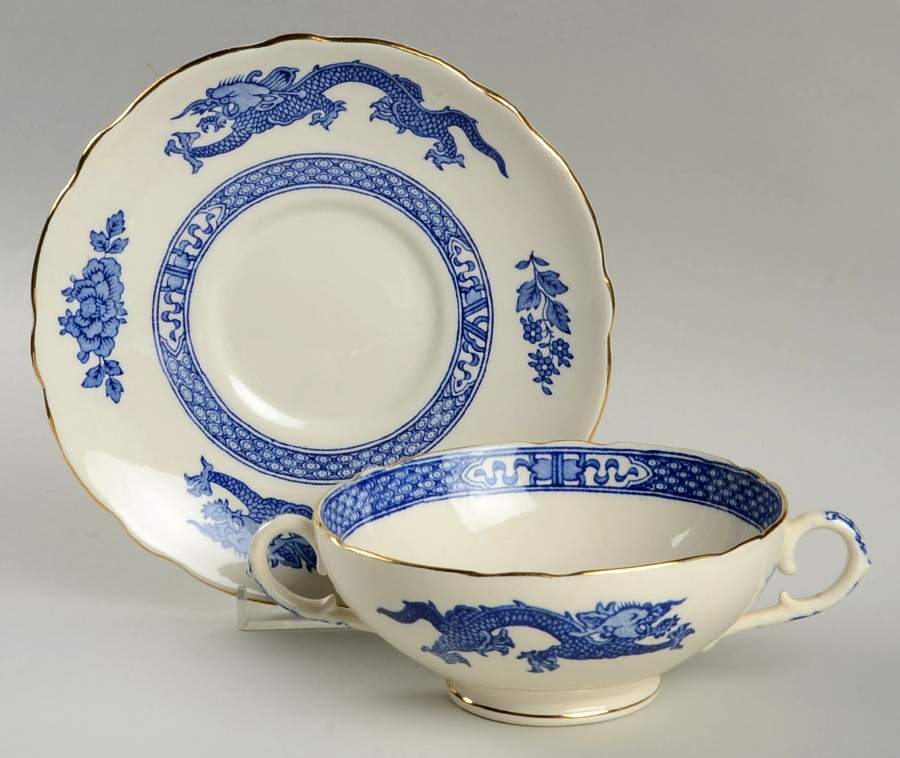 Dragon (Gold Trim) Footed Cream Soup Bowl & Saucer Set by Royal Cauldon-1