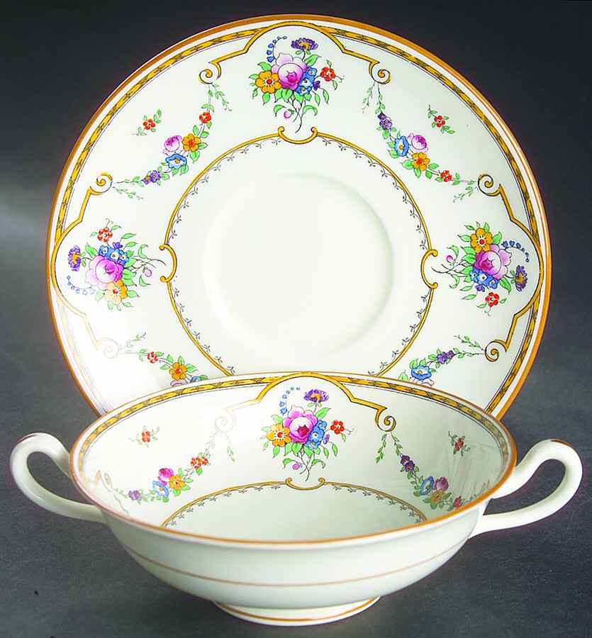 Sledmere (White Background) Footed Cream Soup Bowl & Saucer Set by Royal Cauldon-1
