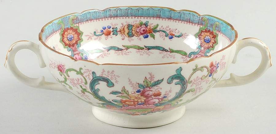 Souvenir Aqua (Scalloped, Cream) Footed Cream Soup Bowl & Saucer Set by Royal Cauldon-1