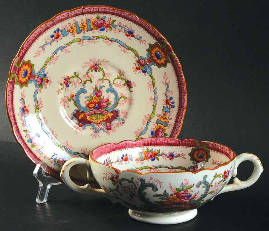 Souvenir Pink Footed Cream Soup Bowl & Saucer Set by Royal Cauldon-1