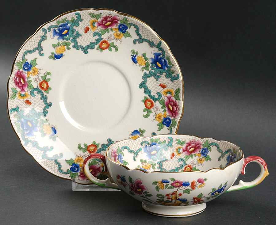 Victoria (Scalloped, Gold Trim) Footed Cream Soup Bowl & Saucer Set by Royal Cauldon-1