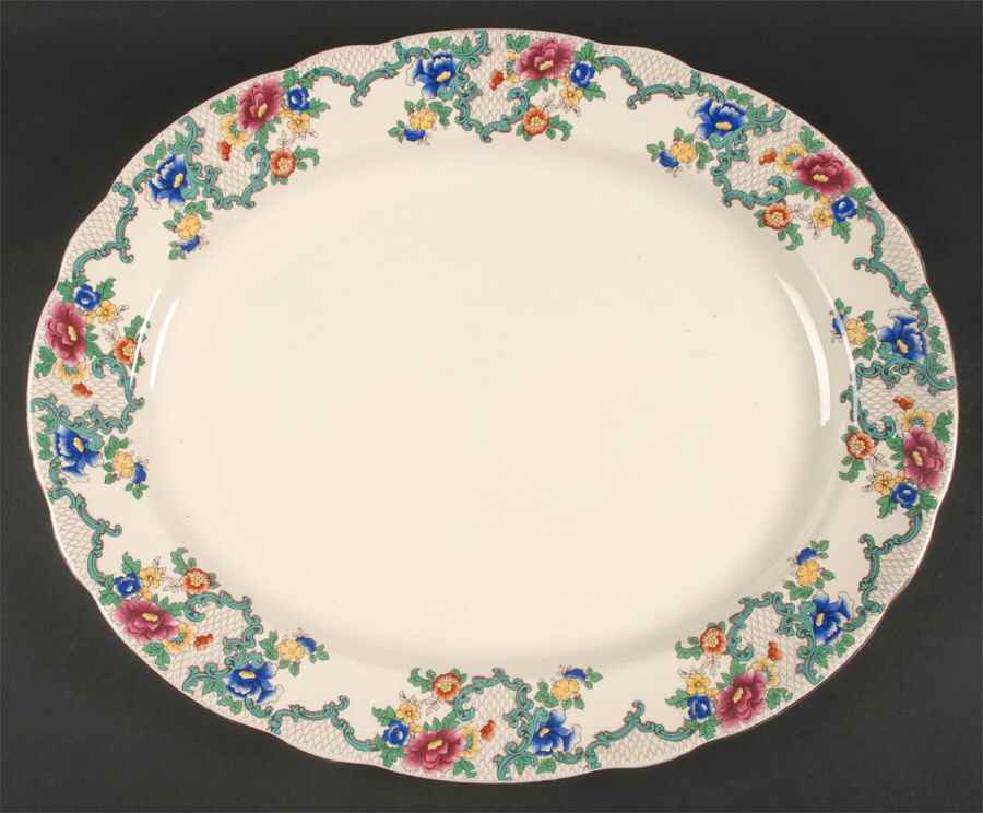 Victoria (Scalloped, Gold Trim) 17" Oval Serving Platter by Royal Cauldon-1