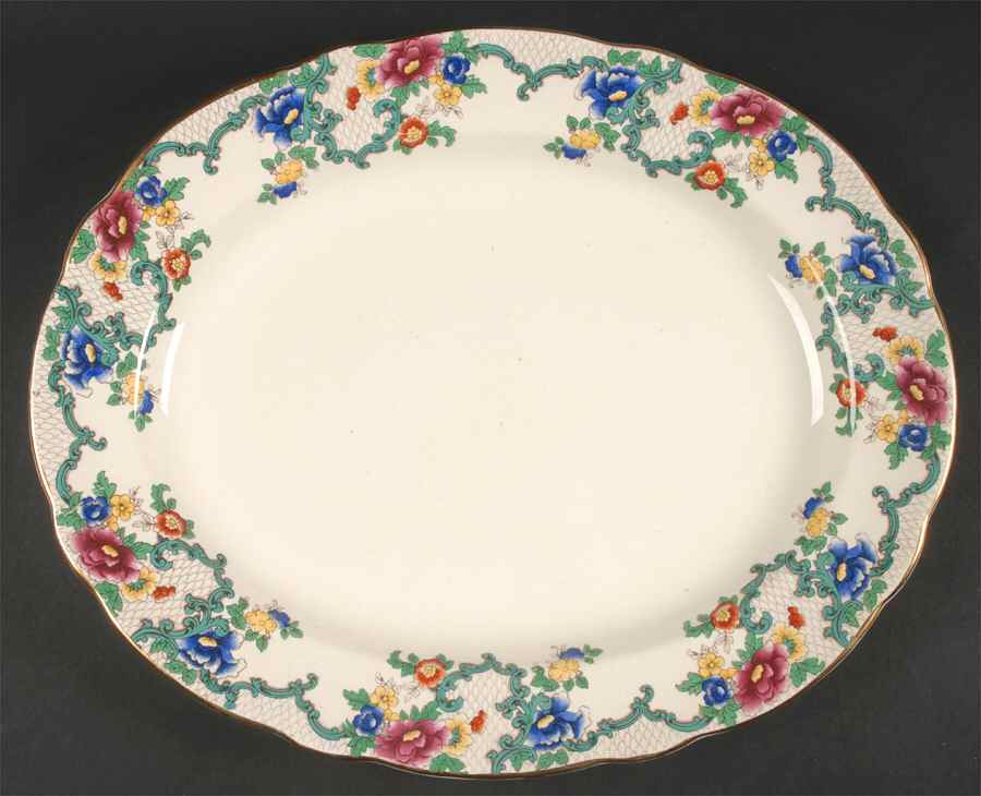 Victoria (Scalloped, Gold Trim) 15" Oval Serving Platter by Royal Cauldon-1