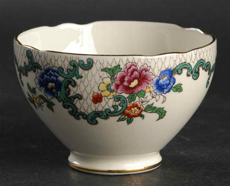 Victoria (Scalloped, Gold Trim) Mini Open Sugar Bowl by Royal Cauldon-1