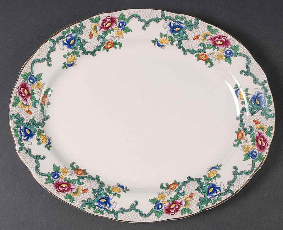 Victoria (Scalloped, Gold Trim) 11" Oval Serving Platter by Royal Cauldon-1