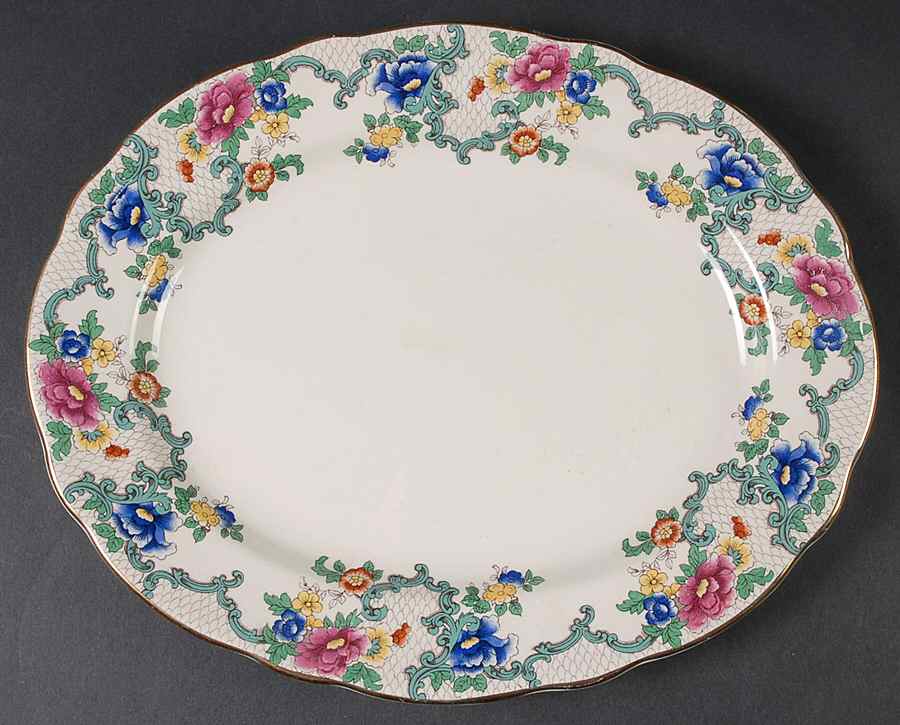 Victoria (Scalloped, Gold Trim) 13" Oval Serving Platter by Royal Cauldon-1