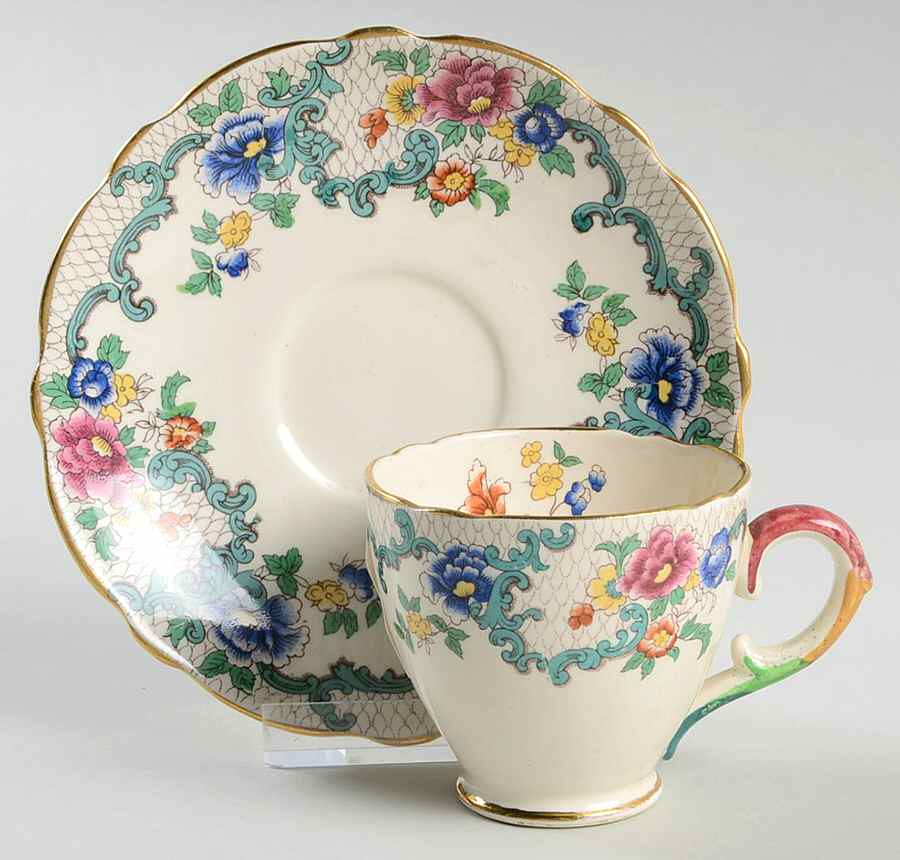 Victoria (Scalloped, Gold Trim) Footed Demitasse Cup & Saucer Set by Royal Cauldon-1