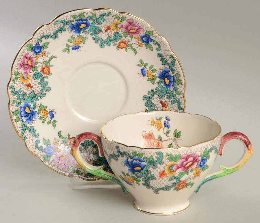 Victoria (Scalloped, Gold Trim) Bouillon Cup & Saucer by Royal Cauldon-1
