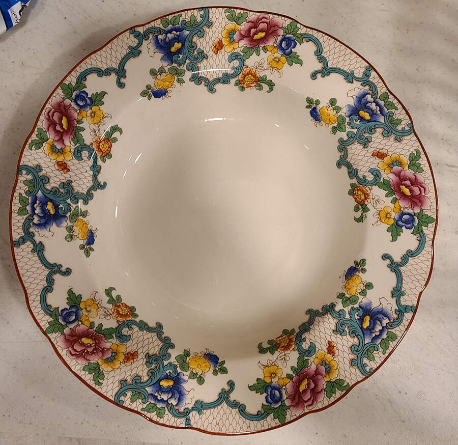 Victoria (Scalloped, Red Trim) Large Rim Soup Bowl by Royal Cauldon-1