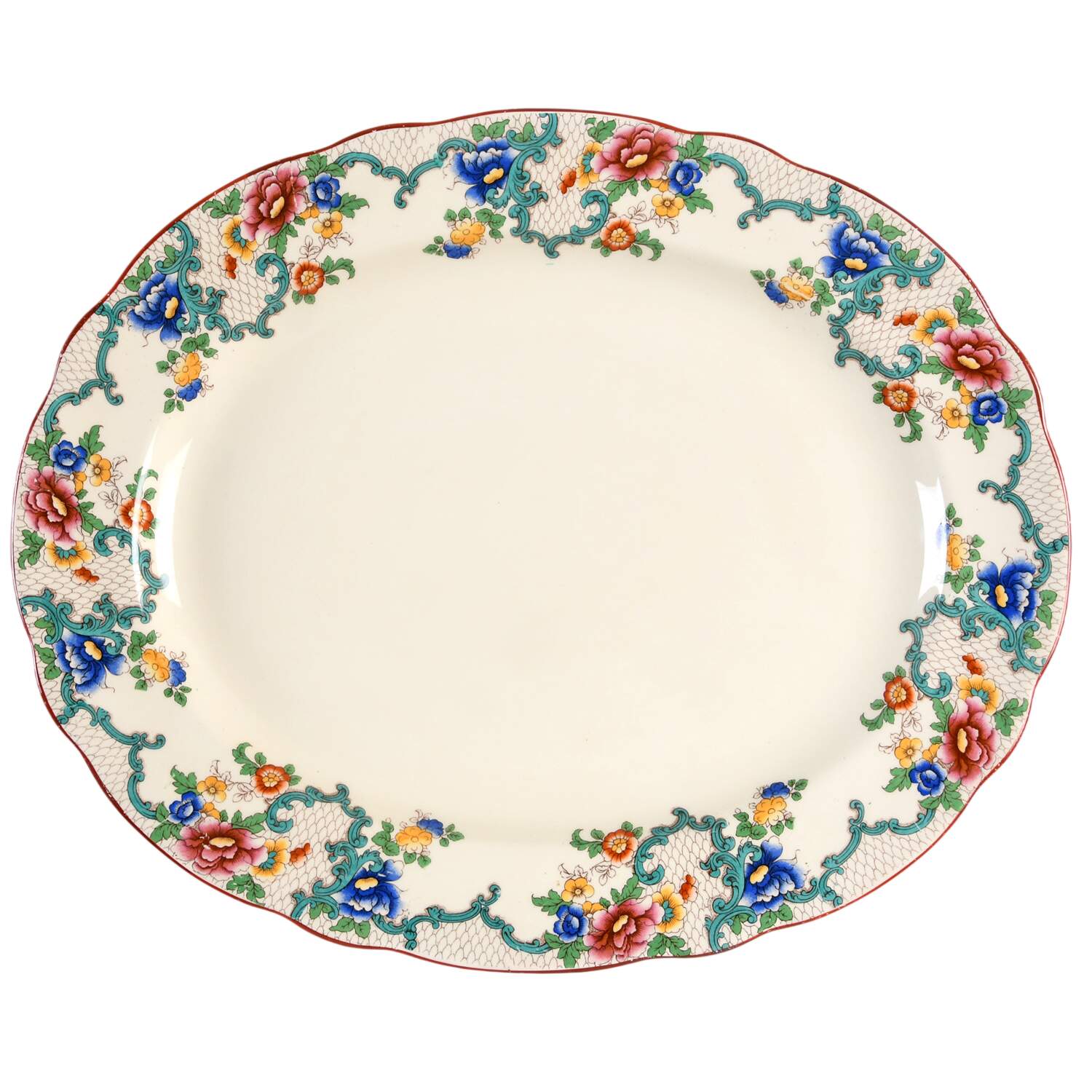 Victoria (Scalloped, Red Trim) 15" Oval Serving Platter by Royal Cauldon-1