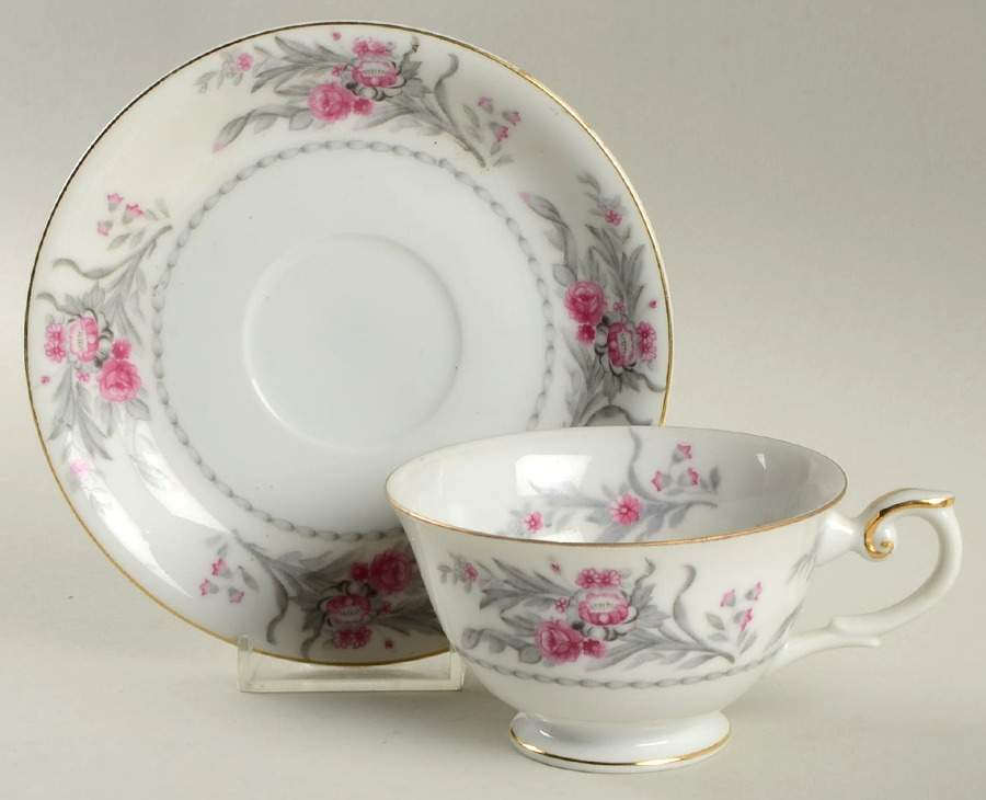 Saratoga (Red & Gray Flowers) Footed Cup & Saucer Set by Royal Embassy-1