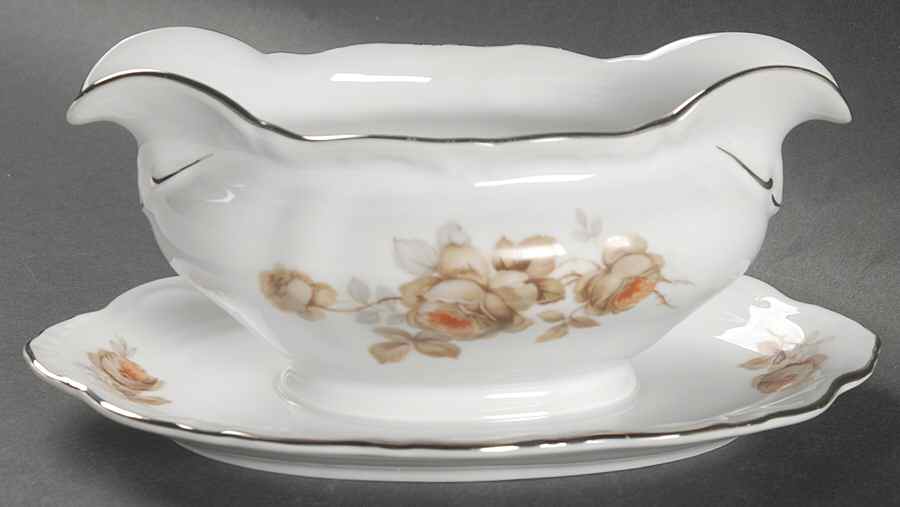 Brown Rose(Platinum Trim) Gravy Boat with Attached Underplate by Royal Heidelberg-1