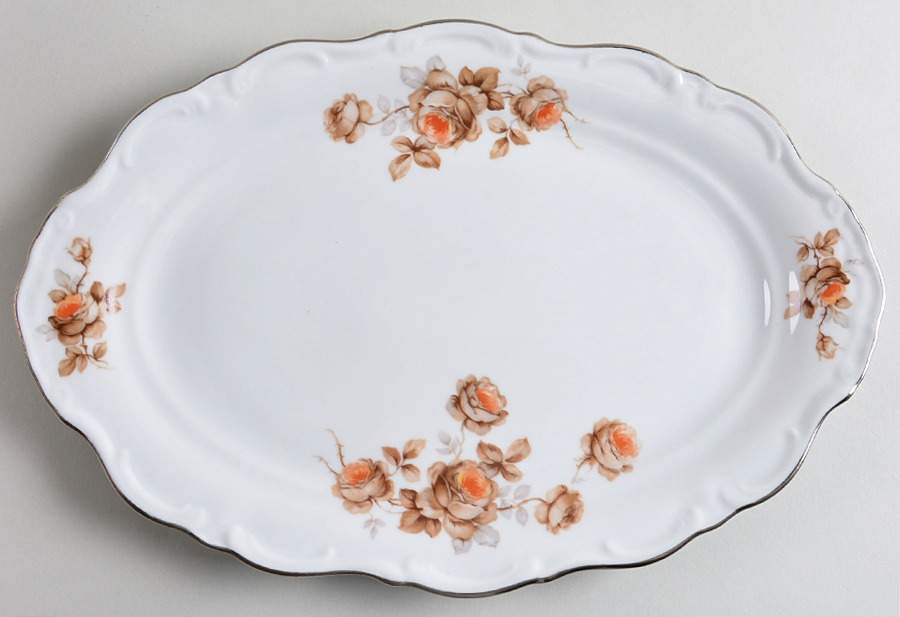 Brown Rose(Platinum Trim) 12" Oval Serving Platter by Royal Heidelberg-1
