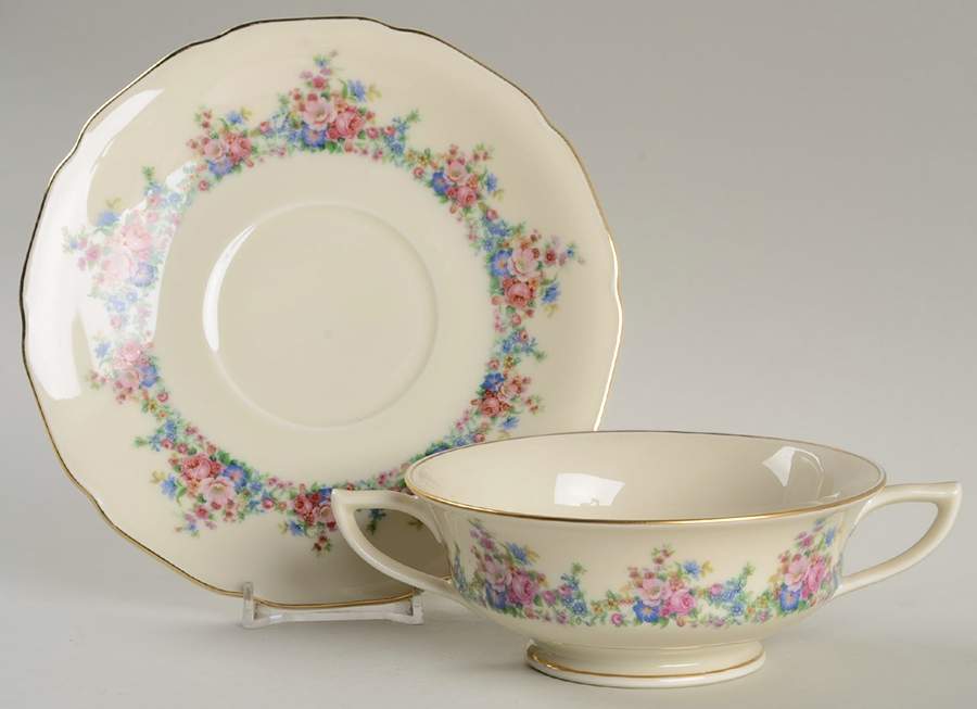2661  Footed Cream Soup Bowl & Saucer Set by Royal Ivory (Czech, Germany)-1