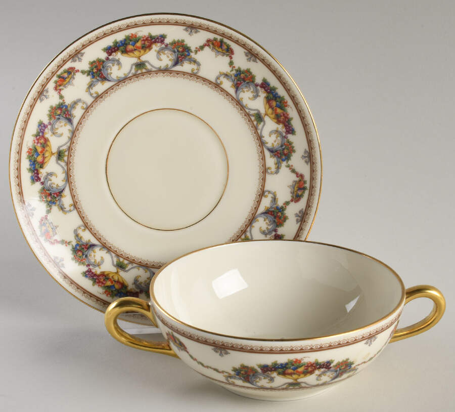 The Festival (Fruit) Flat Cream Soup Bowl & Saucer Set by Royal Ivory (Czech, Germany)-1