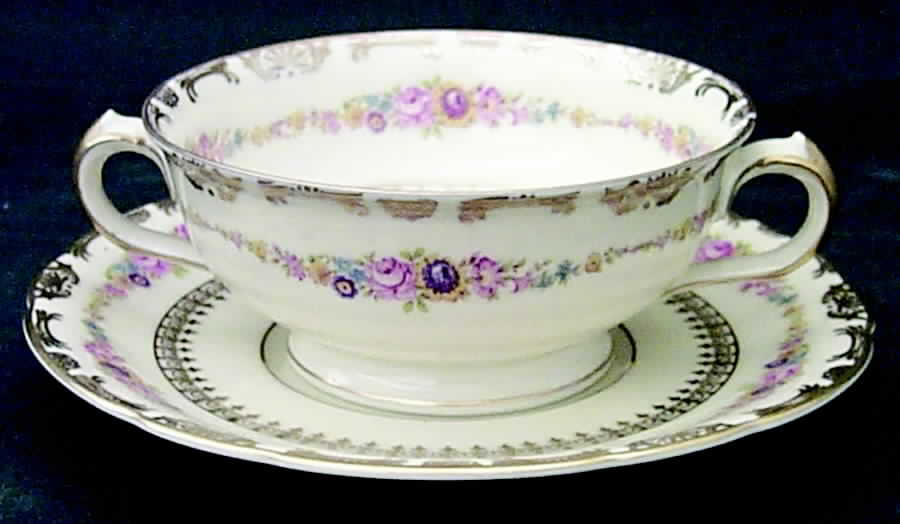 The Festival (Flowers) Footed Cream Soup Bowl & Saucer Set by Royal Ivory (Czech, Germany)-1