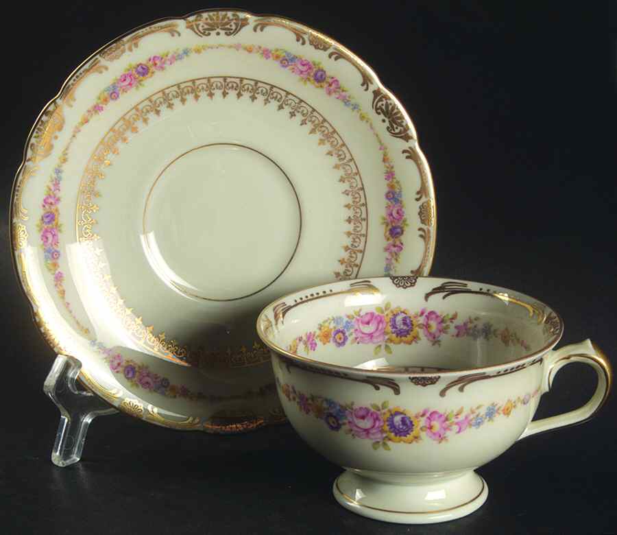 The Festival (Flowers) Footed Cup & Saucer Set by Royal Ivory (Czech, Germany)-1