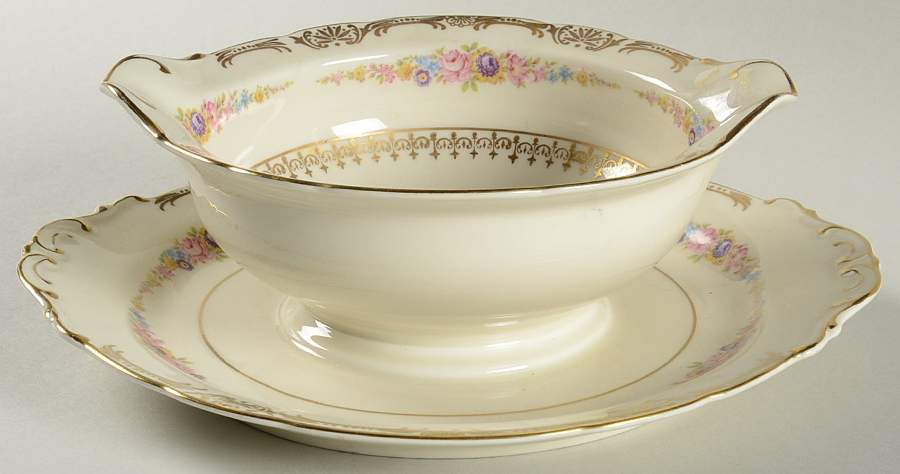 The Festival (Flowers) Gravy Boat with Attached Underplate by Royal Ivory (Czech, Germany)-1