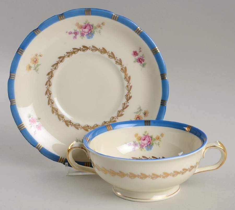 Margaret Rose Footed Cream Soup Bowl & Saucer Set by Royal Ivory (Czech, Germany)-1