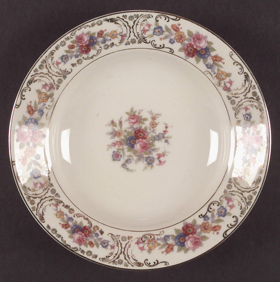 Queens Rose (Smooth, Gold Scrolls) Rim Soup Bowl by Royal Ivory (Czech, Germany)-1