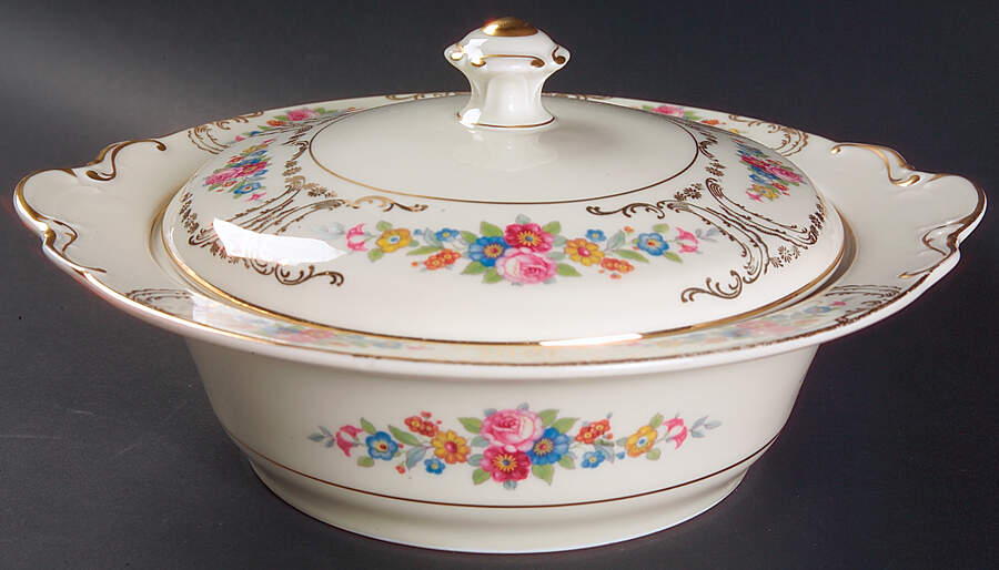 Queens Rose (Smooth, Gold Scrolls) Round Covered Vegetable by Royal Ivory (Czech, Germany)-1