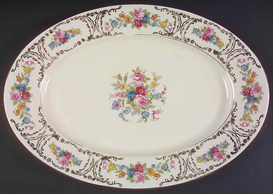 Queens Rose (Smooth, Gold Scrolls) 12" Oval Serving Platter by Royal Ivory (Czech, Germany)-1