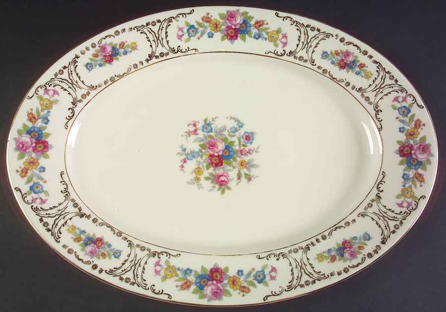 Queens Rose (Smooth, Gold Scrolls) 15" Oval Serving Platter by Royal Ivory (Czech, Germany)-1